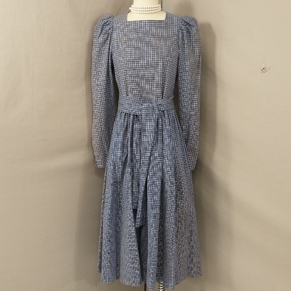Laura Ashley Dress 100% Cotton Prairie Blue Plaid Check Classic Feminine Country